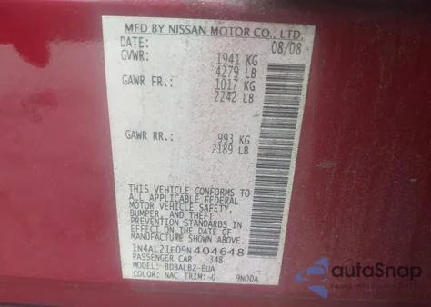 2009 Nissan Altima 2.5 S из США, поврежденный, VIN 1N4AL21E09N404648